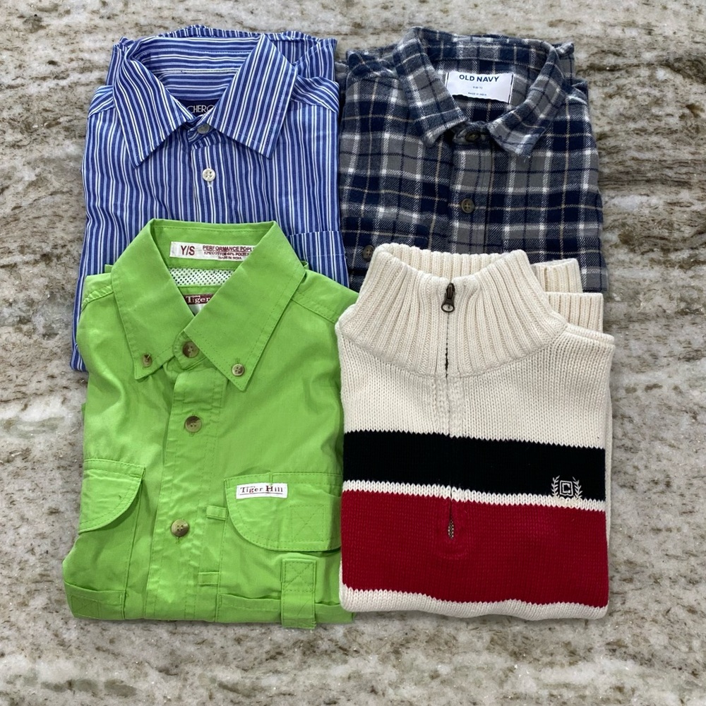 Set of 4 kids Shirts & Sweater - Blue, Gray, Green, Cream/Red/Black size 7